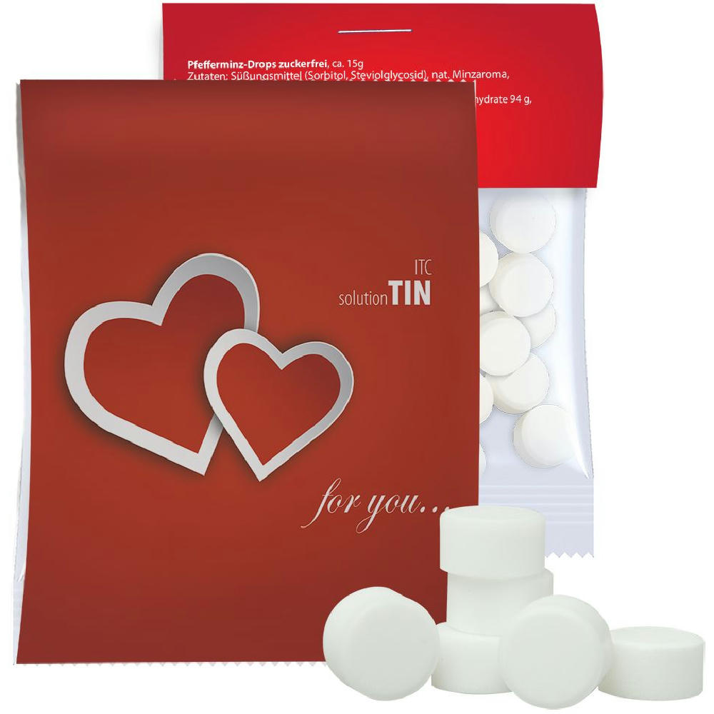 Product image Pfefferminz Drops zuckerfrei, ca. 15g, Express Midi-Tüte mit Werbereiter Werbeartikel