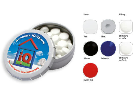 Klick-Dose-45, reflexblau 12 g, Inhalt: Pfefferminz-Pastillen; zuckerfrei Werbeartikel