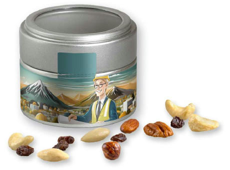 Studentenfutter, ca. 60g, Metalldose Mini mit Sichtfenster silber Werbeartikel