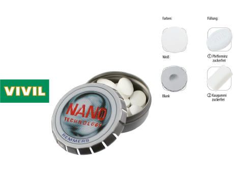 Klick-Dose-57, weiß 20 g, Inhalt: VIVIL Extra Strong, zuckerfrei (Dose) bedrucken