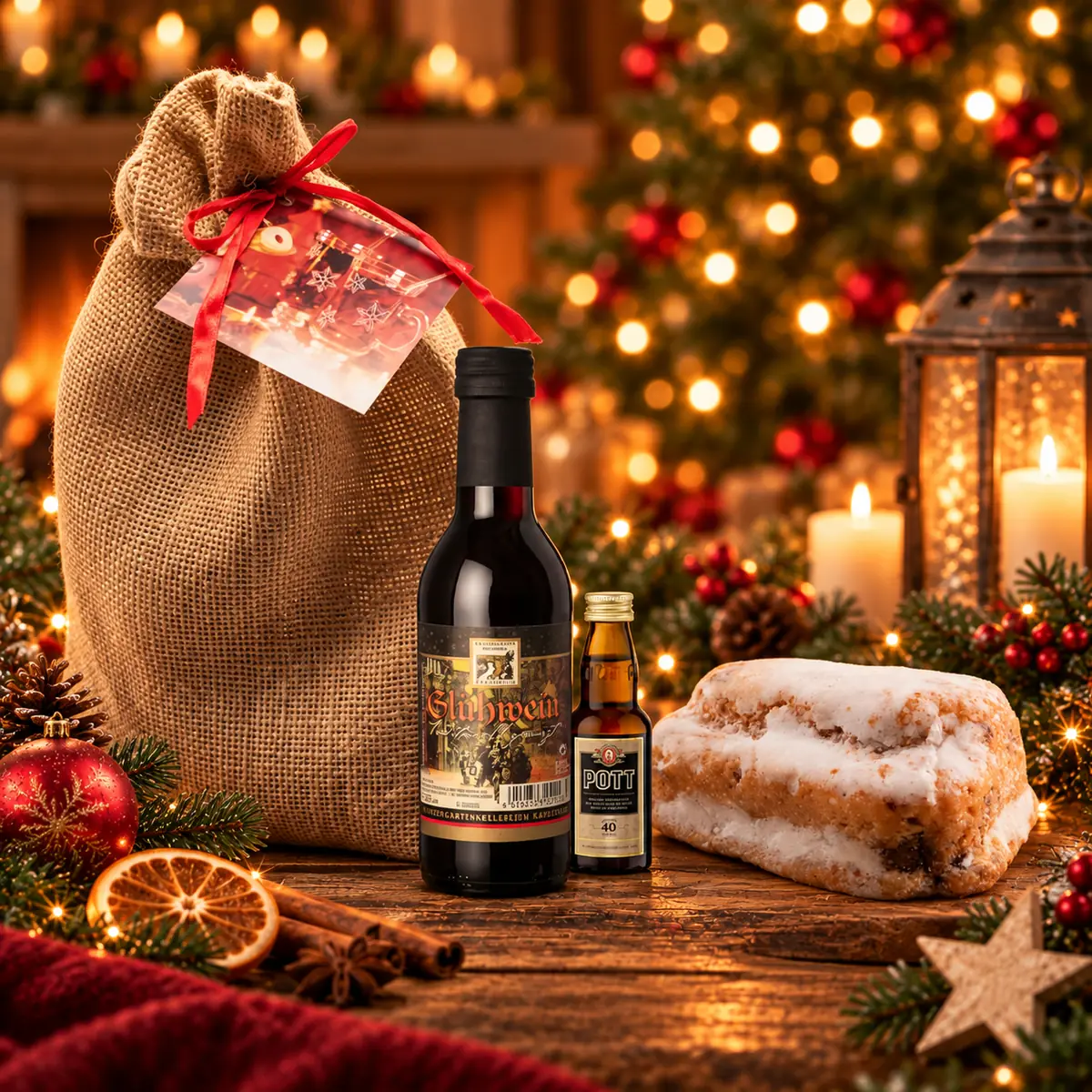 Glühweingenuss Geschenkset mit Glühwein, Spirituose und Stollen im Jutebeutel als Weihnachtspräsent