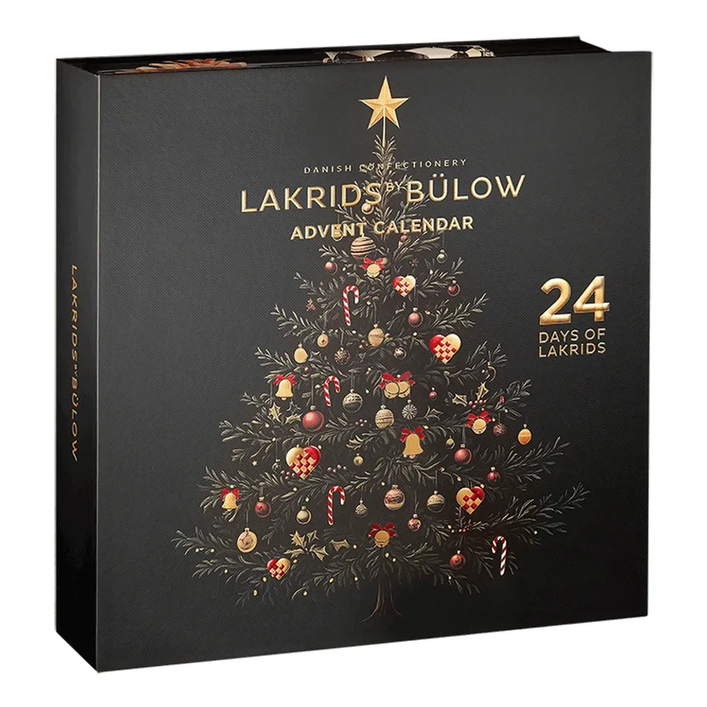 Lakrids by Bülow Adventskalender 2026 mit goldenem Weihnachtsbaum-Motiv – Lakritz Adventskalender mit 24 Türchen