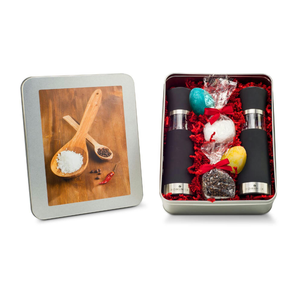 Product image Geschenkset / Präsenteset: Oster Salz- & Pfeffermühlen Set - in Silberdose Werbeartikel