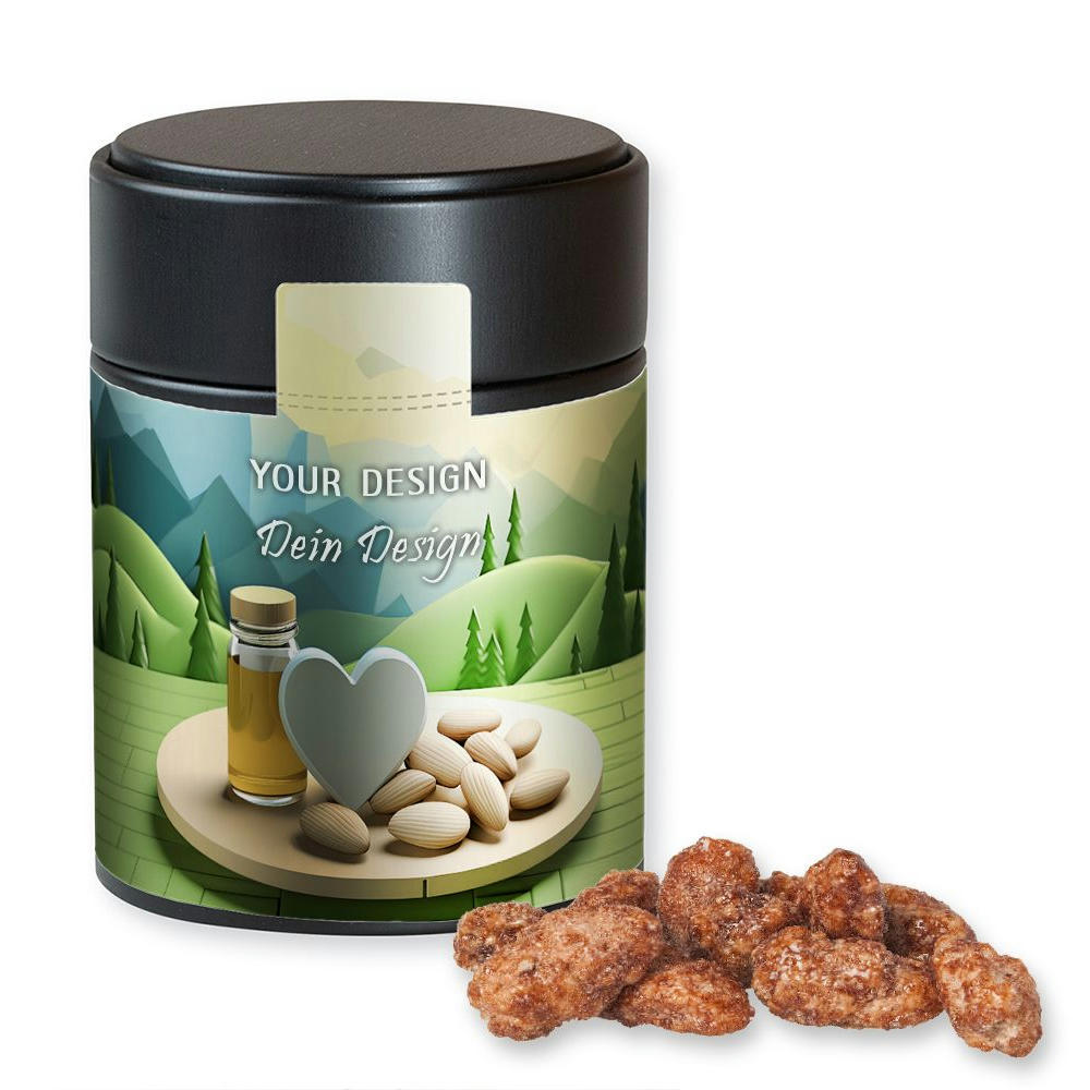 Product image Feuergebrannte Mandeln, ca. 100g, Metalldose Midi schwarz Werbeartikel