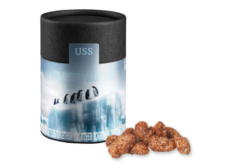 Product image Feuergebrannte Mandeln, ca. 80g, Kraftpapierdose Midi schwarz bedrucken