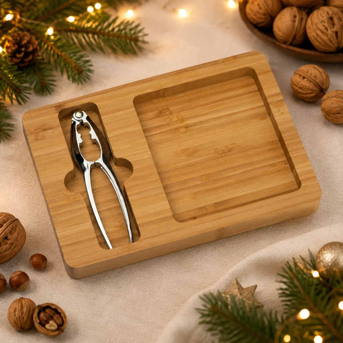 Nussknacker mit Bambus-Servierbrett als hochwertiges Werbegeschenk für Kunden und Mitarbeiter zu Weihnachten