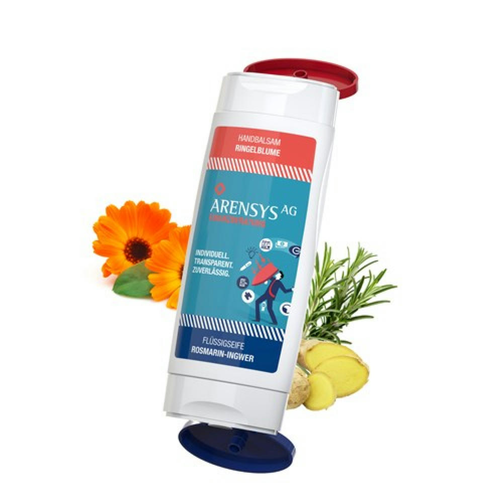 Product image DuoPack Handbalsam Ringelblume + Flüssigseife Rosmarin-Ingwer (2 x 50 ml) Werbeartikel