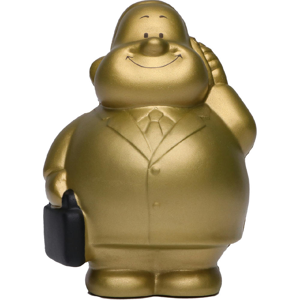 Gold Bert ganz in Gold mit Telefon und Aktentasche – Anti-Stress-Figur mit Logo als Auszeichnung für Top-Kunden