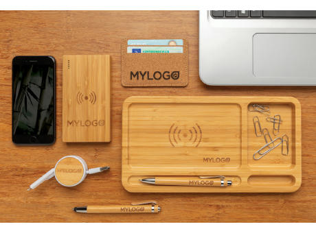 Bambus Schreibtisch-Organizer mit 5W Wireless Charger Werbeartikel