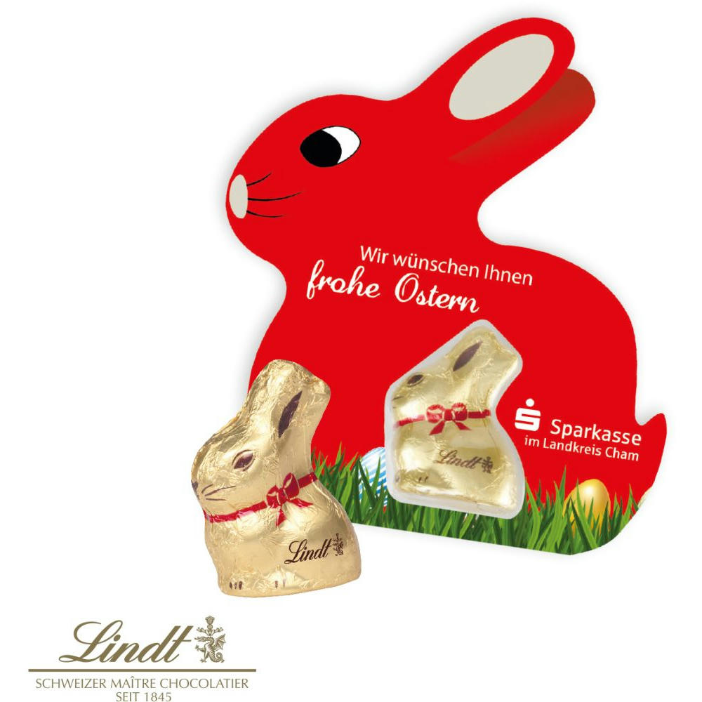 SCHOKOKARTE-HASE MIT LINDT GOLDHASE Werbeartikel