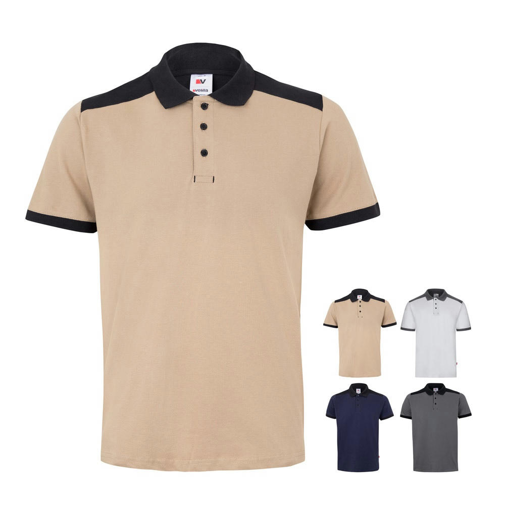 Product image VL VELES. Zweifarbiges Stretch-Piqué-Poloshirt (200 g/m²) mit kurzen Ärmeln, aus Polyester (96 %) und Elastan (4 %) Werbeartikel