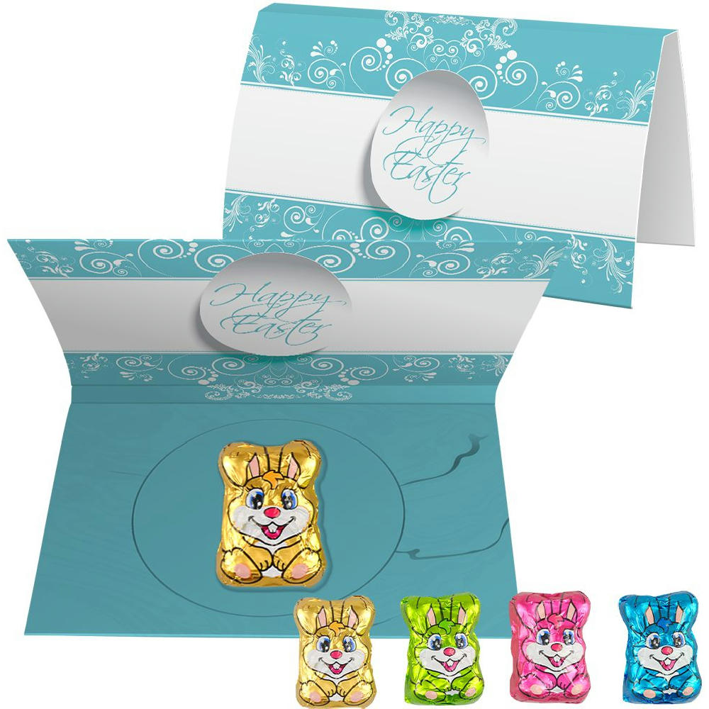 Product image Schoko-Hasen Mix, ca. 6g, Werbekarte A6 gefaltet Werbeartikel