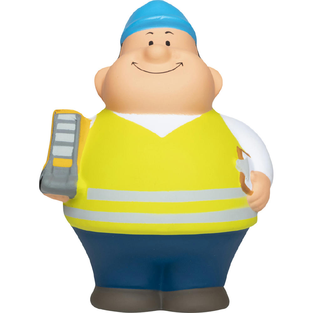 Product image Lagerist Bert in gelber Warnweste mit Kappe und Handscanner – Anti-Stress-Figur zum Bedrucken für die Logistik