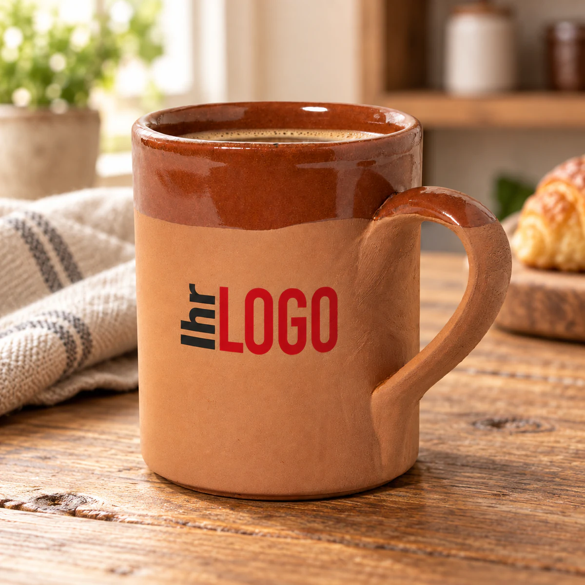 Tasse Sintax, 330 ml Braune Tasse Sintax mit Logoaufdruck und Kaffee auf einem rustikalen Holztisch in einer gemütlichen Küche als Werbegeschenk.