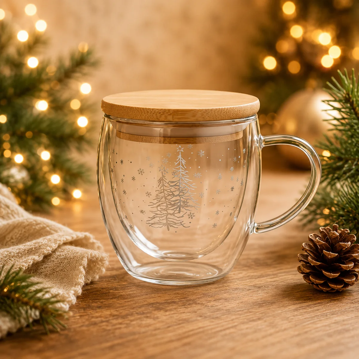Doppelwandiger Glasbecher mit Bambusdeckel und Tannenmotiv als hochwertiges Weihnachts-Werbegeschenk