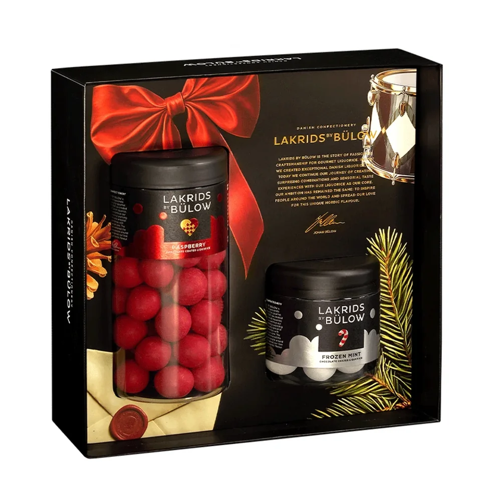 Lakrids by Bülow Black Box mit Crispy Raspberry Regular und Frozen Mint Small – Lakritz Geschenkbox