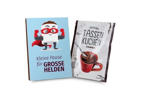 Geschenkartikel / Präsentartikel: Tassenkuchen Schokolade 70 g, Pause für große Pflegehelden Werbeartikel