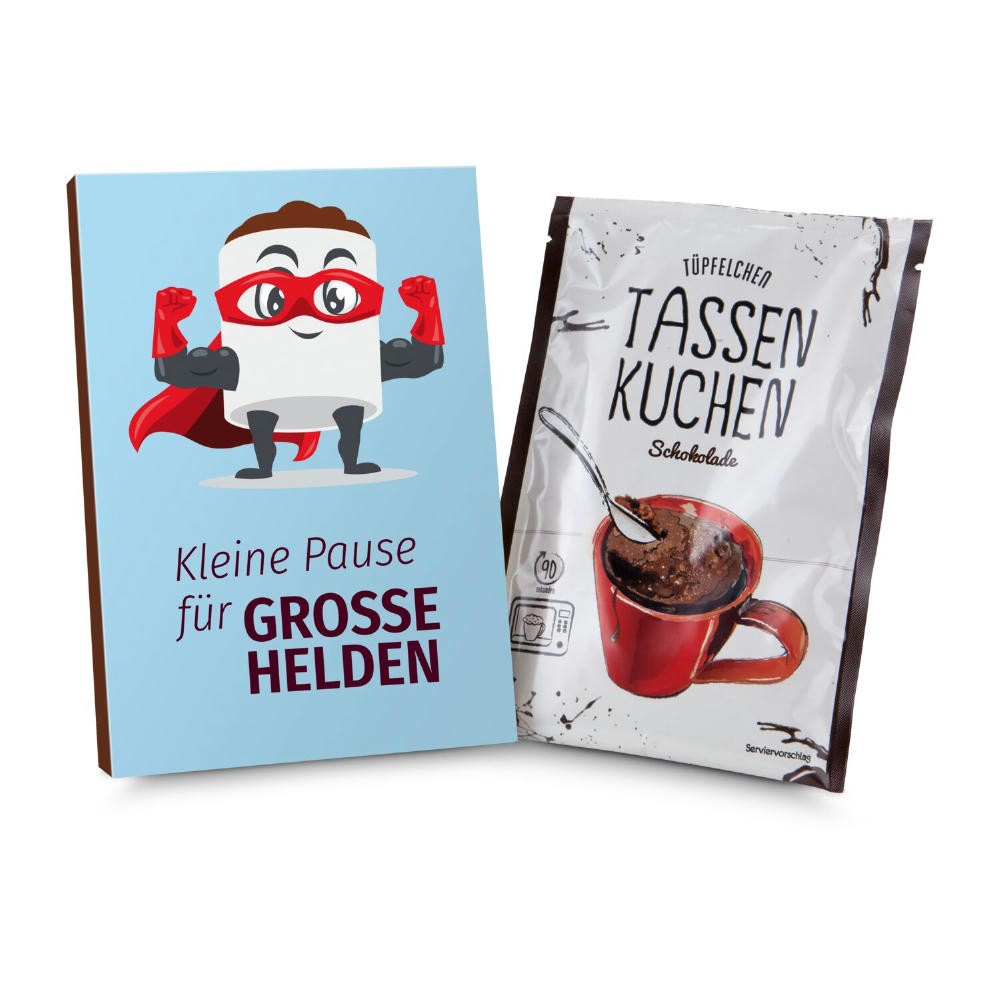 Product image Geschenkartikel / Präsentartikel: Tassenkuchen Schokolade 70 g, Pause für große Pflegehelden Werbeartikel