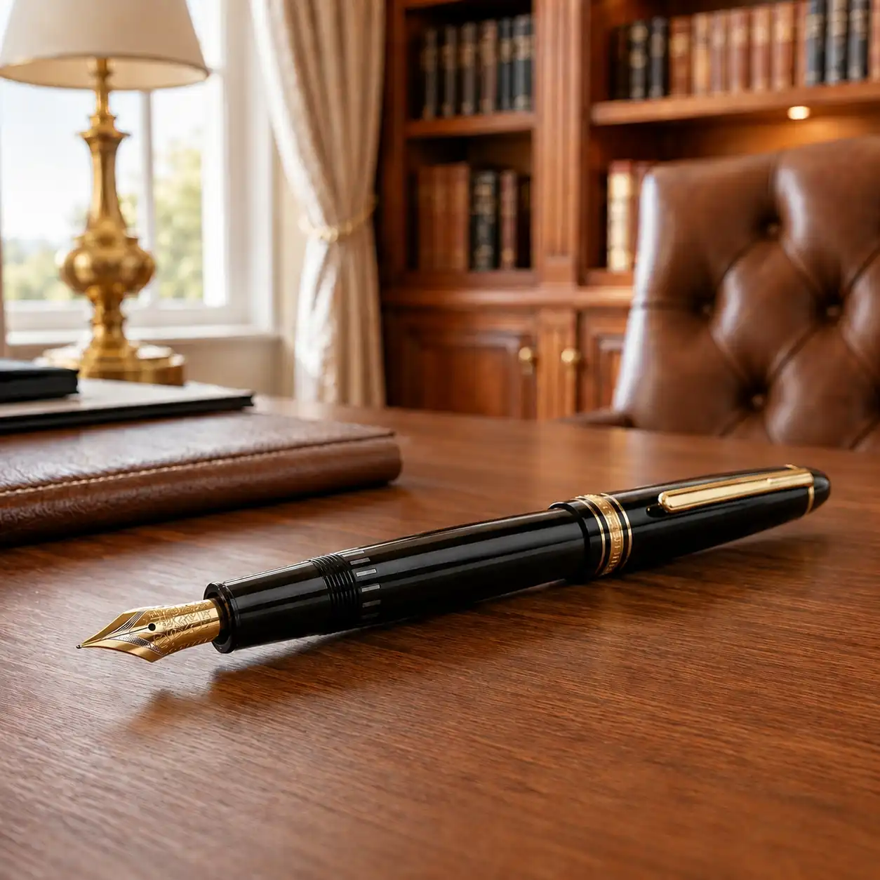 Montblanc FP 149 Meisterstück M Füllfederhalter, ikonischer Luxus-Füller mit edlem schwarzem Design und goldenen Details, hochwertiger Schreibartikel als exklusiver Werbeartikel mit Logo für Business und anspruchsvolle Kunden.