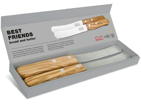 RICHARTZ BEST FRIENDS bread and butter: zwei Frühstücksmesser mit Olivenholzgriff in der Geschenkverpackung