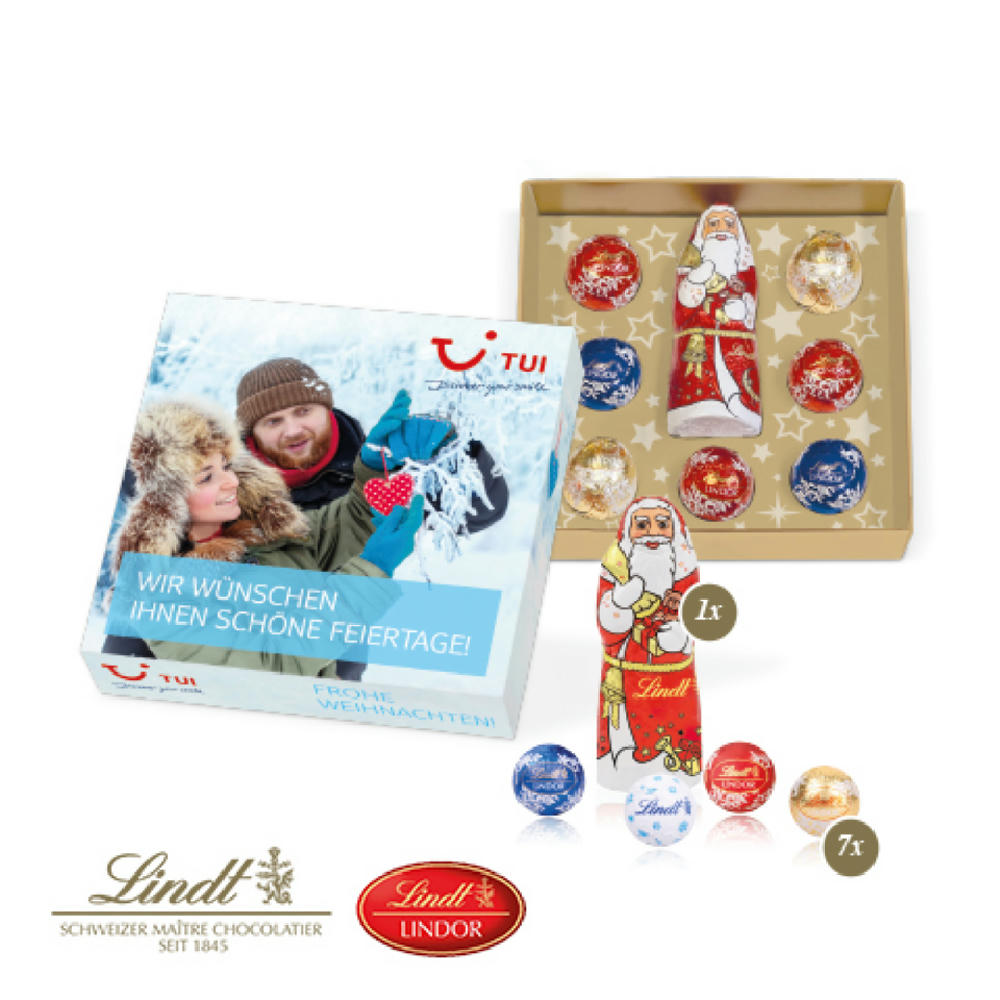 Lindt Schokoladenbox Himmlische Weihnachtszeit quadratisch gefüllt mit Lindt Weihnachtsmann und 7 Lindt Minis in individuell bedruckbarer FSC® Werbekartonage als B2B Weihnachtsgeschenk