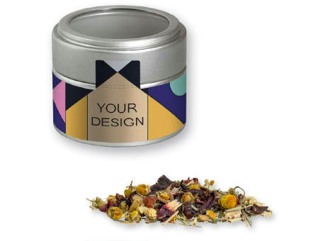 Product image Kräutertee Vierjahreszeiten, ca. 15g, Metalldose Mini mit Sichtfenster silber Werbeartikel
