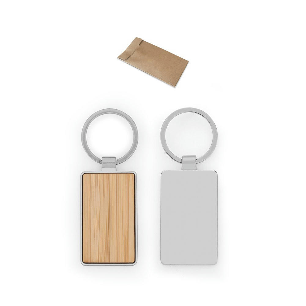 GASTON RECTANGULAR. Schlüsselanhänger aus Eisen in rechteckiger Form aus Zink und Bambus Werbeartikel