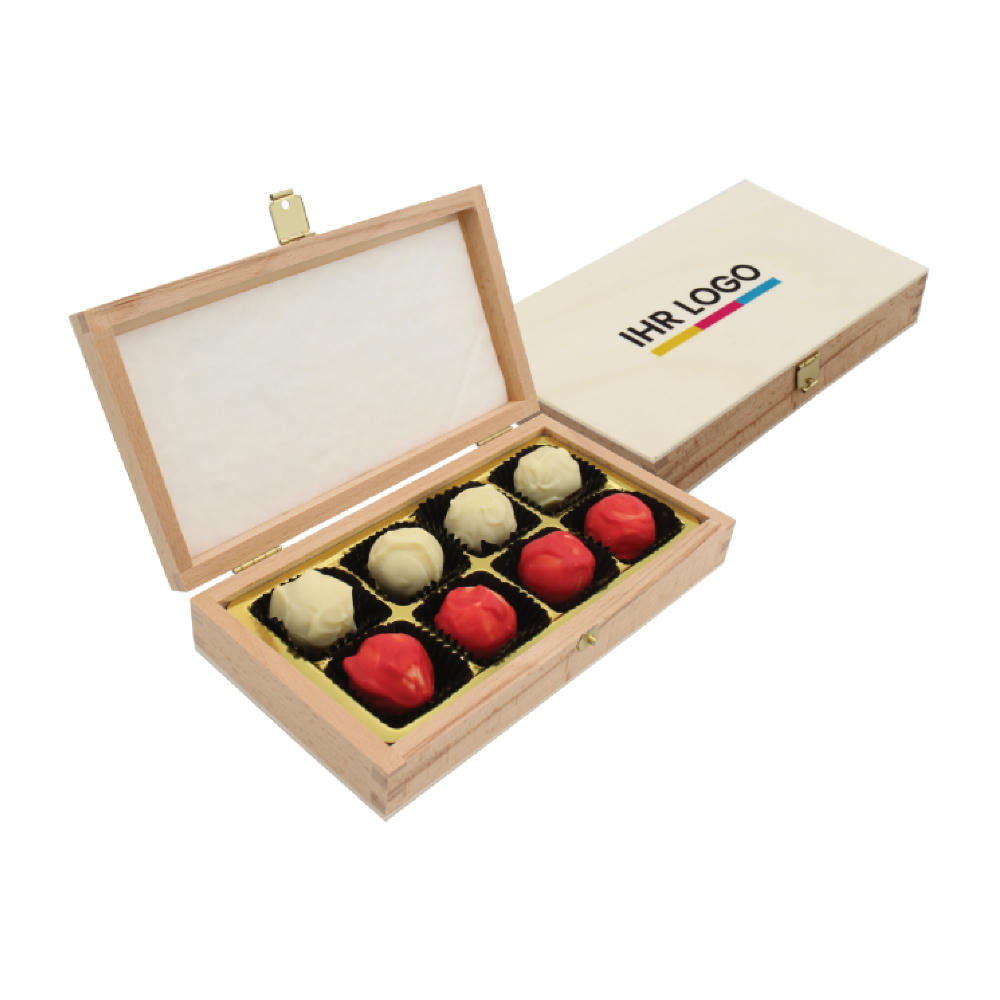 Pralinenbox Holz 8er bedruckter Deckel Werbeartikel