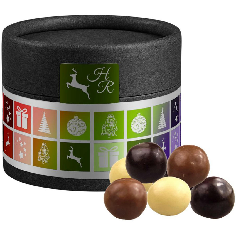 Product image Knusperkugeln-Mix, ca. 25g, Kraftpapierdose Mini schwarz Werbeartikel