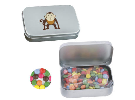 Product image Blechdose mit Scharnier mit ca. 50 gr. Schokocarletties Werbeartikel