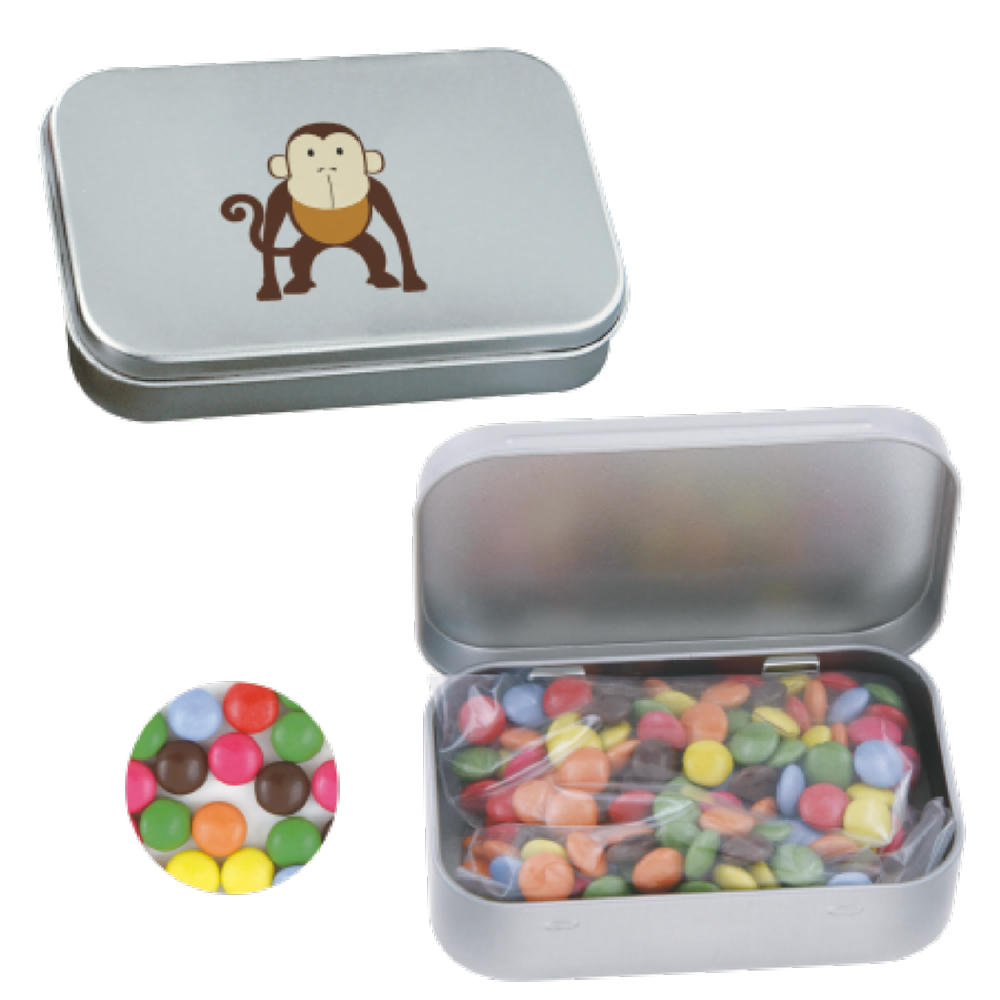 Product image Blechdose mit Scharnier mit ca. 50 gr. Schokocarletties Werbeartikel