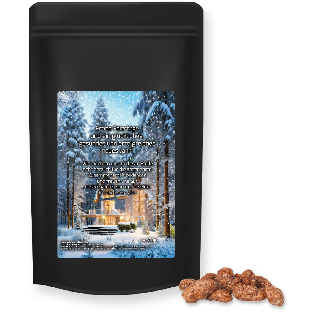 Product image Feuergebrannte Mandeln, ca. 500g, Standbeutel Maxi schwarz Werbeartikel