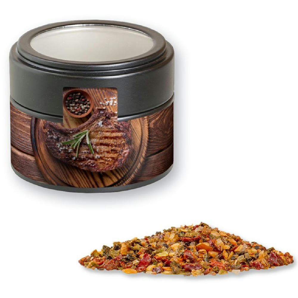 Product image Gewürzmischung Steak Pfeffer, ca. 60g, Metalldose Mini mit Sichtfenster schwarz Werbeartikel