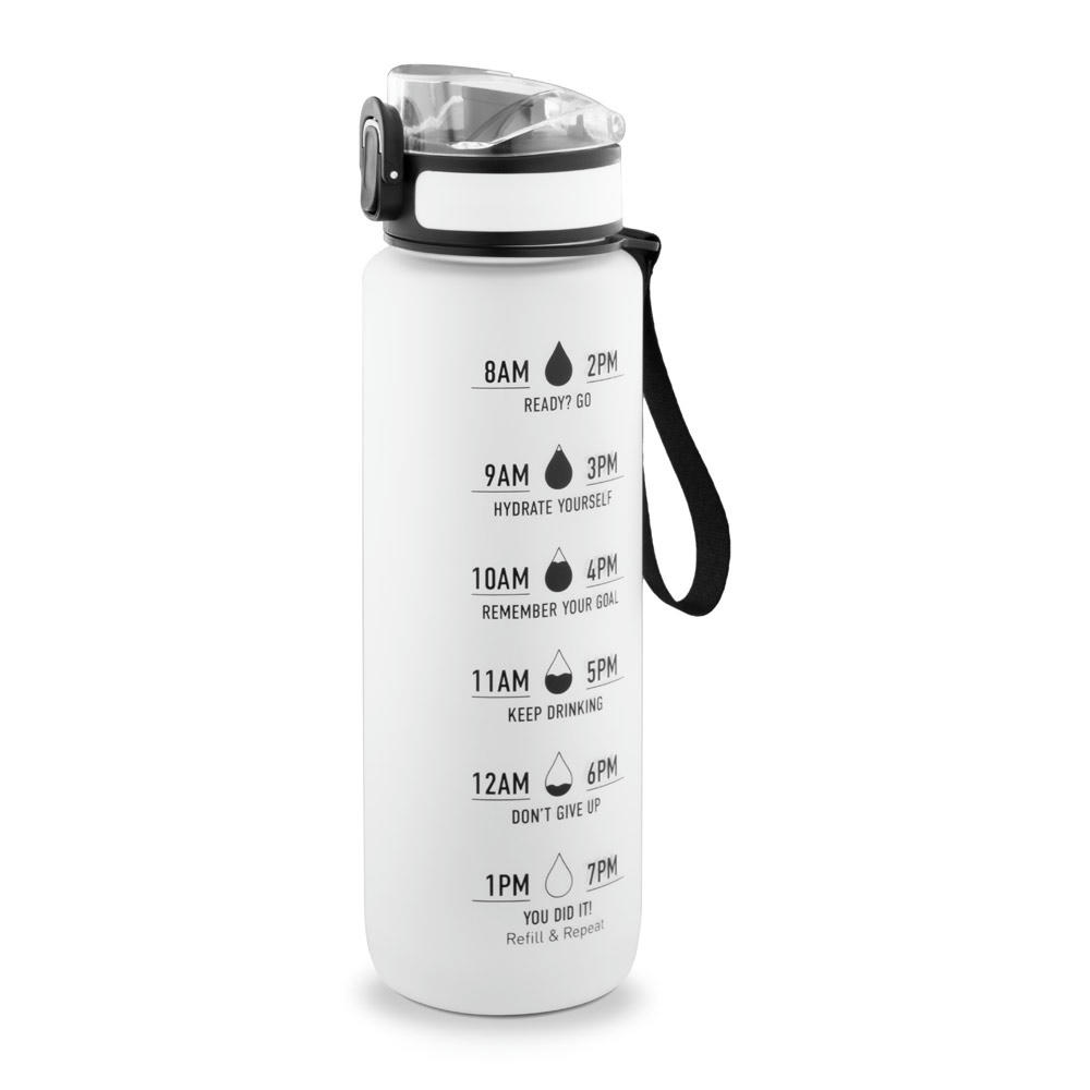 ERIKSSON. Flasche aus recyceltem PET (100 % rPET) mit motivierenden Sprüchen und Zeitmarkierungen, die zum Wassertrinken anregen Werbeartikel