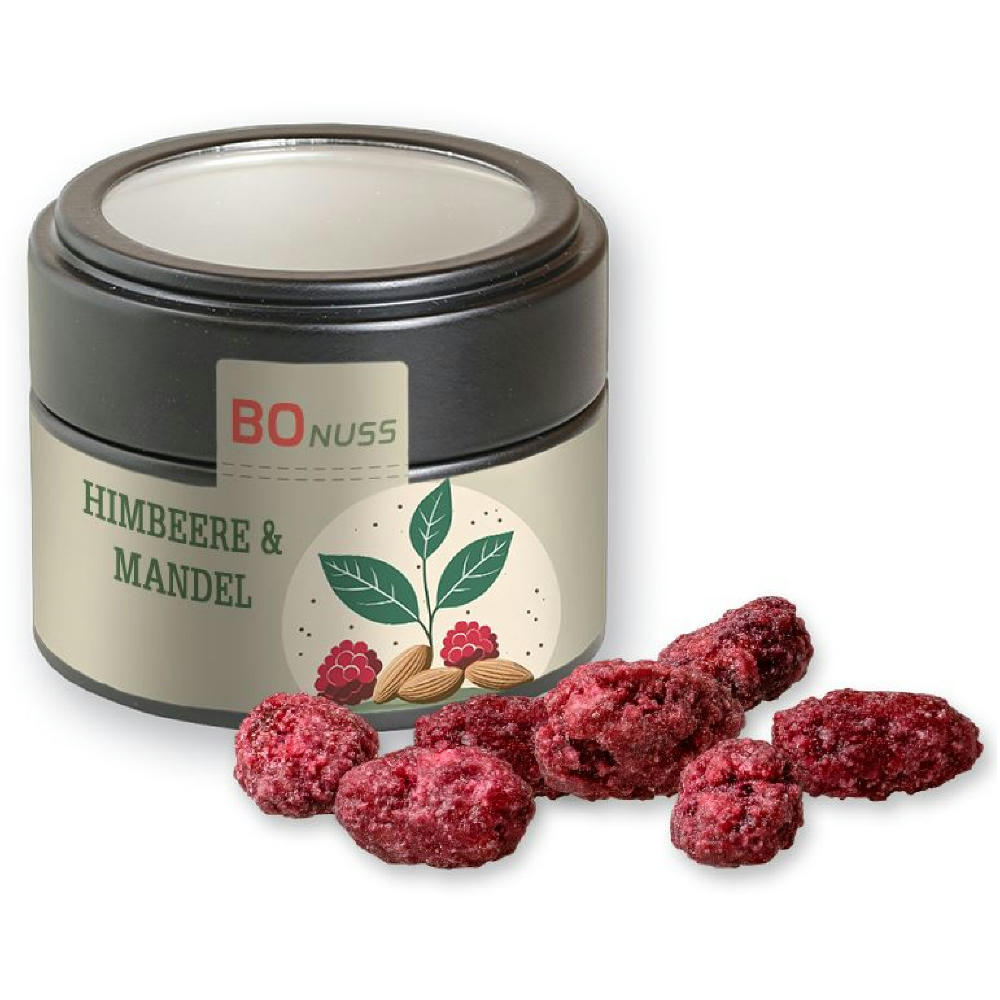 Gebrannte Mandeln Himbeere, ca. 60g, Metalldose Mini mit Sichtfenster schwarz Werbeartikel