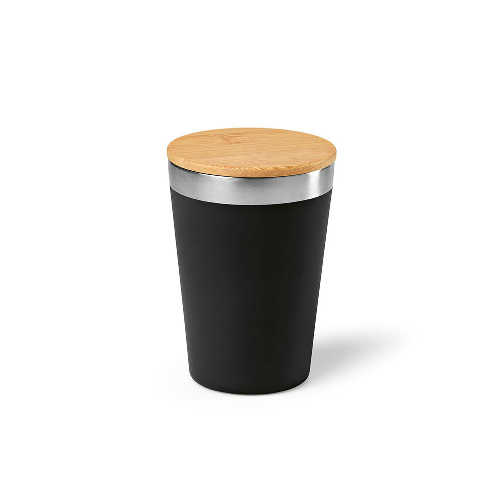 Don Reisebecher recy.Edelstahl mit Bambusdeckel, 400 ml. Doppelwandig Werbeartikel