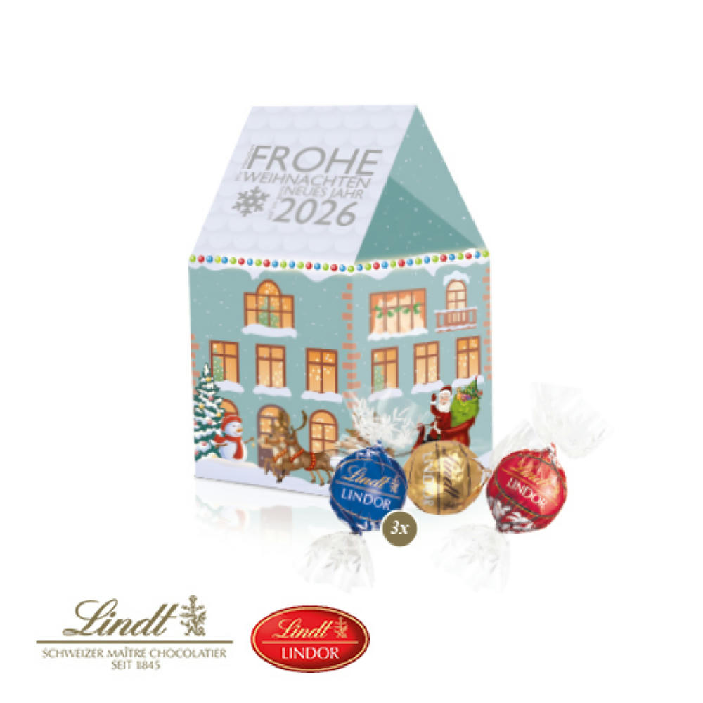 3D Präsent "Haus" mit Lindor Pralinés Werbeartikel