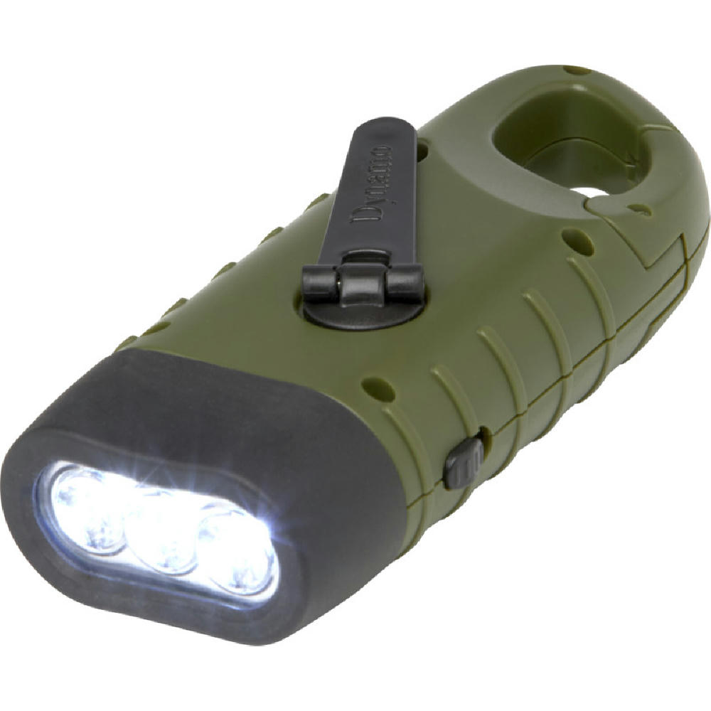 Product image Helios Solar-Dynamo-Taschenlampe aus recyceltem Kunststoff mit Karabinerhaken Werbeartikel