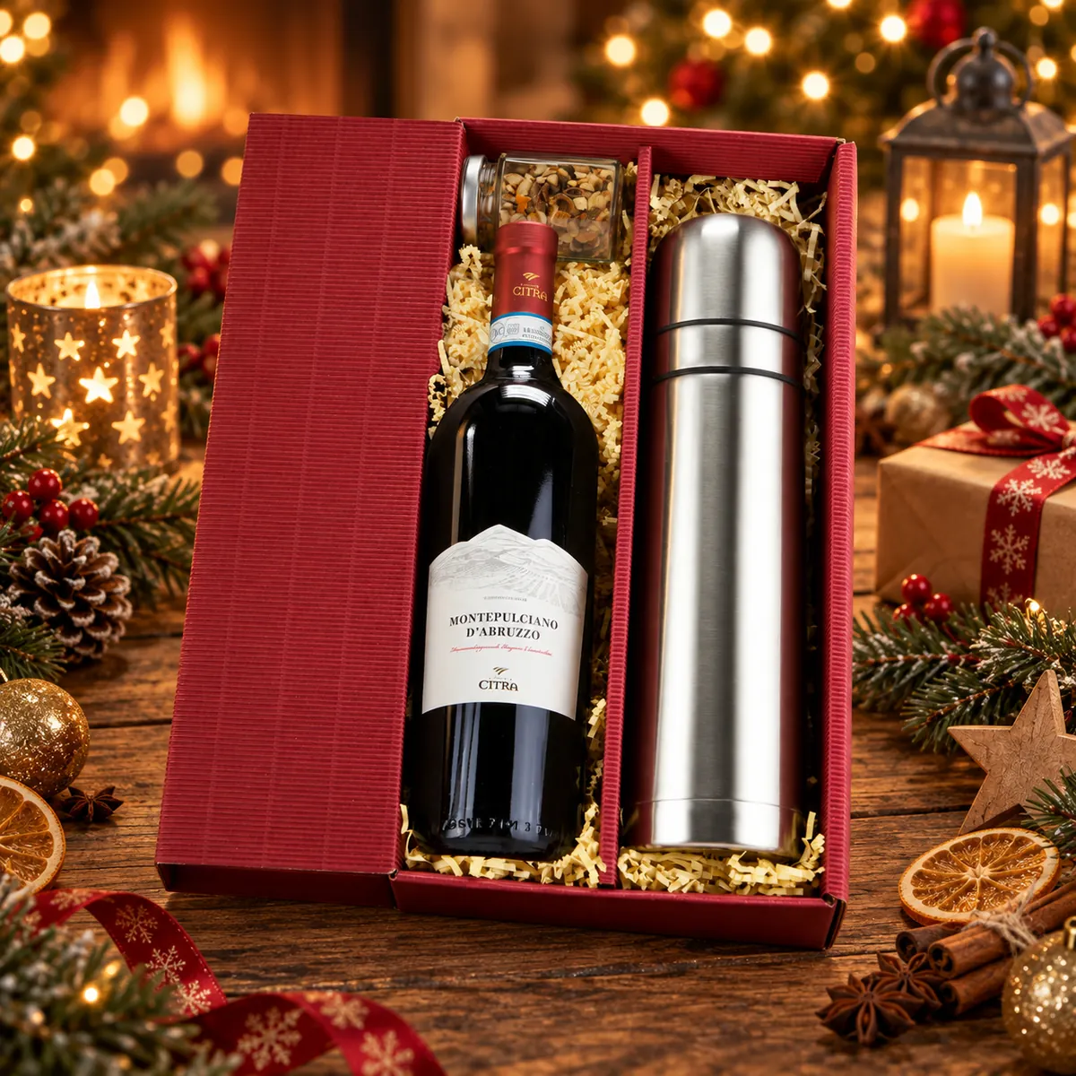 Geschenkset Roter Glühweinduft mit Rotwein und Edelstahl-Thermoskanne als hochwertiges Weihnachtspräsent