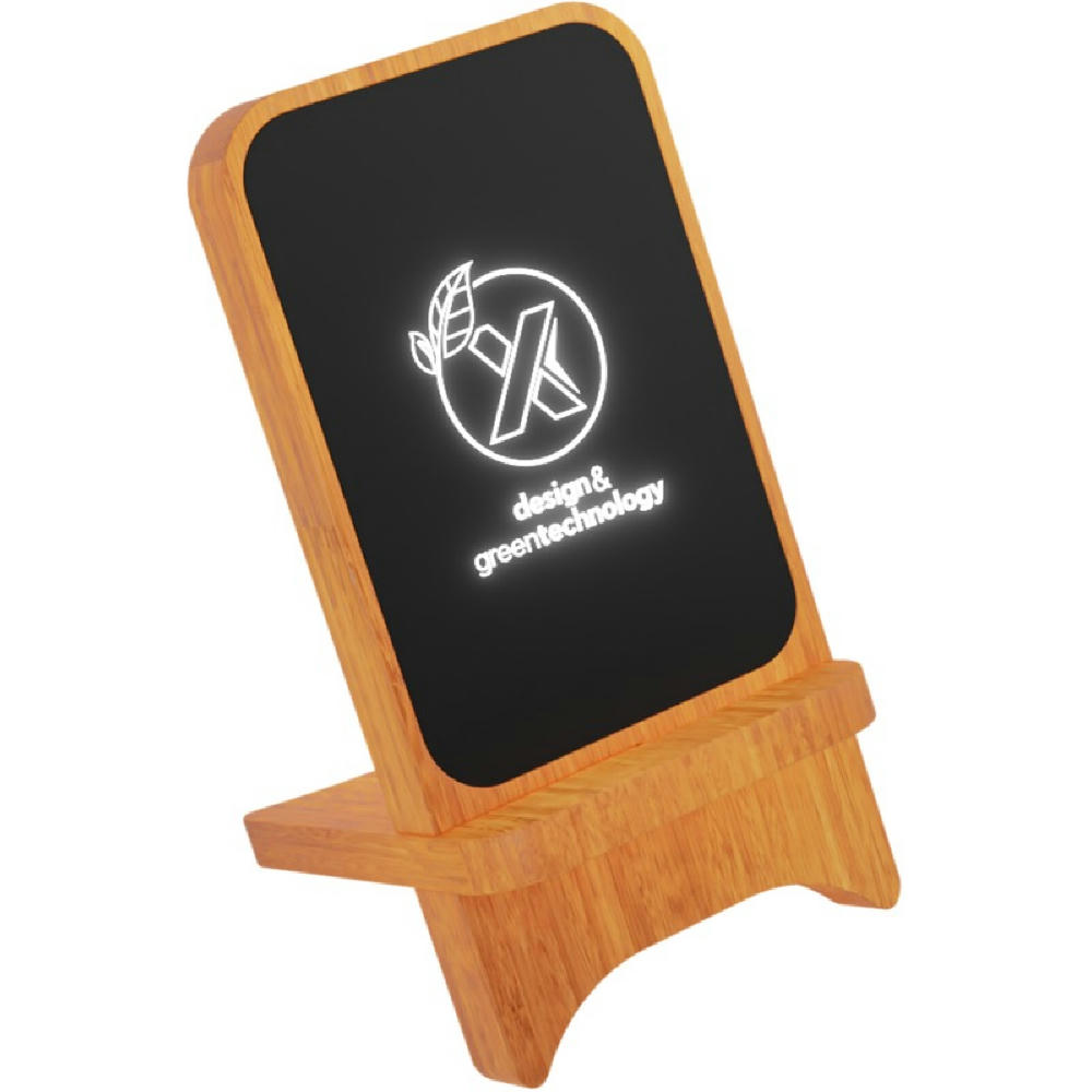 Product image SCX.design W16 kabelloser 15-Watt-Ladeständer aus Holz mit Leuchtlogo Werbeartikel