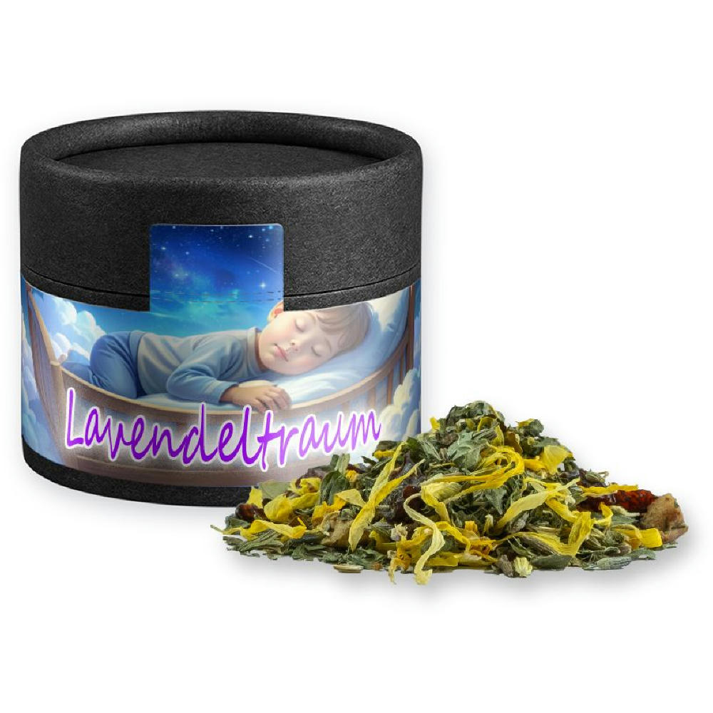 Product image Kräutertee Lavendel, ca. 11g, Kraftpapierdose Mini schwarz Werbeartikel