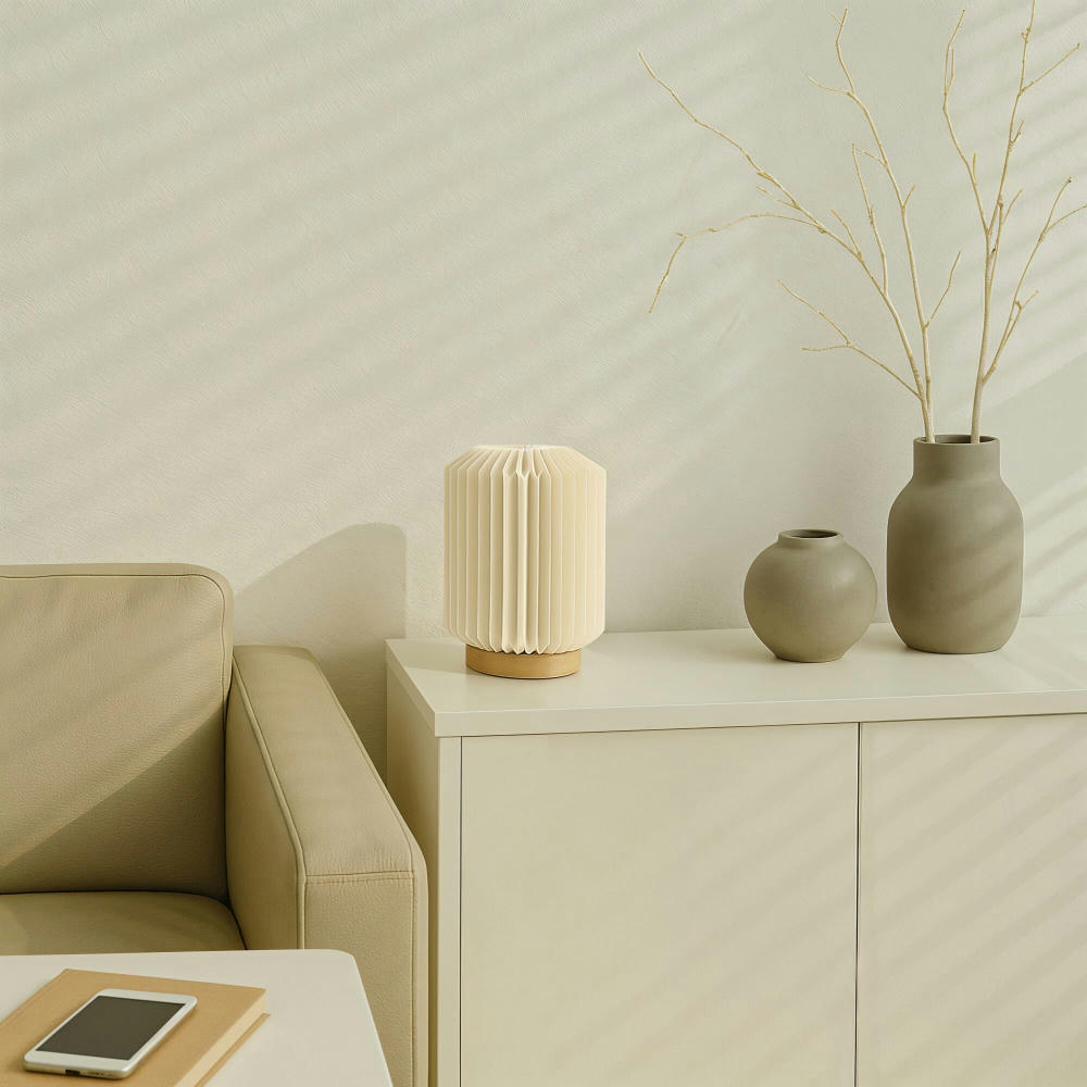 Product image Coollux faltbare Papier LED-Lampe Aurora auf Holzsockel, 22cm Werbeartikel