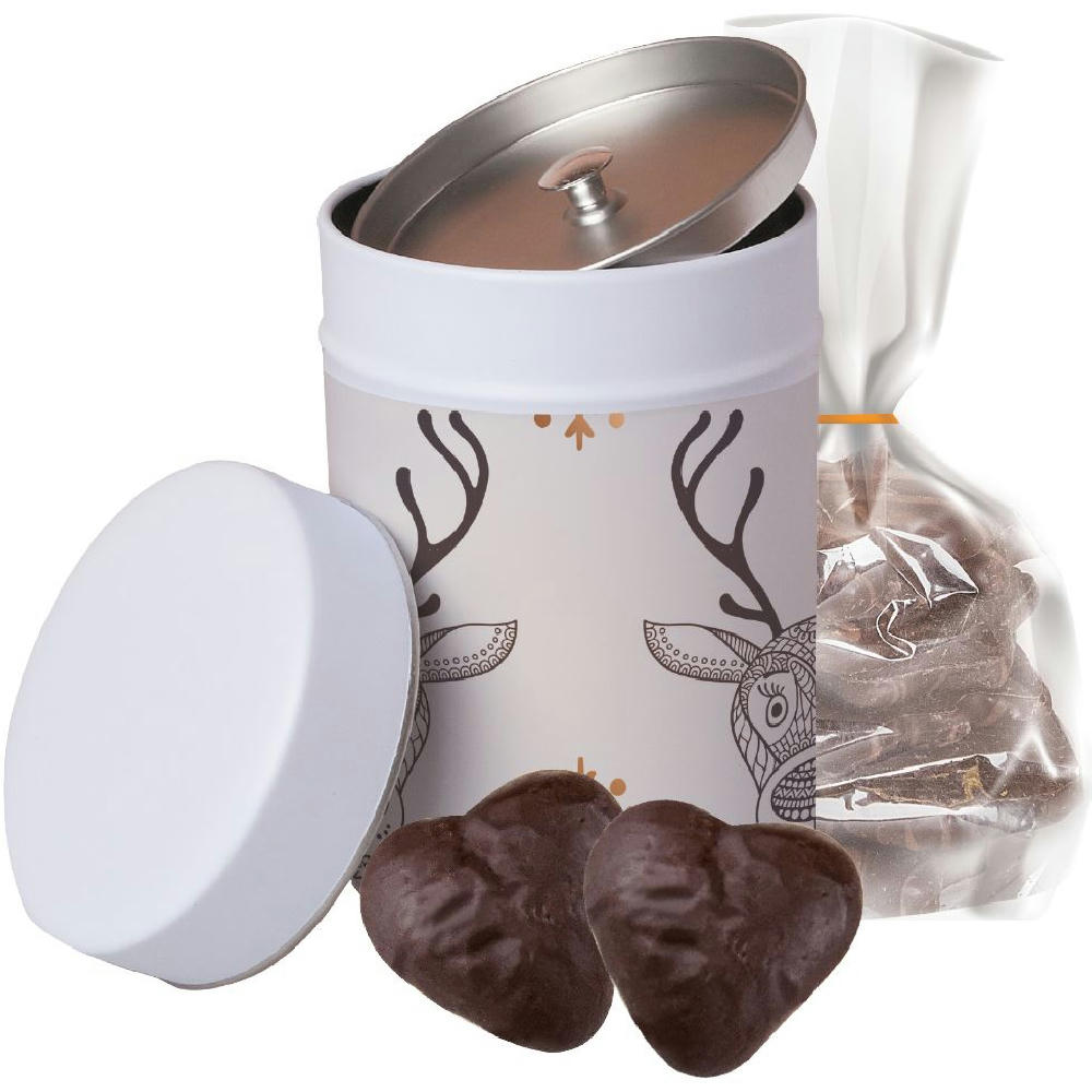 Product image Lebkuchen Schokoherzen gefüllt, ca. 100g, Beutel in Metalldose Maxi Werbeartikel