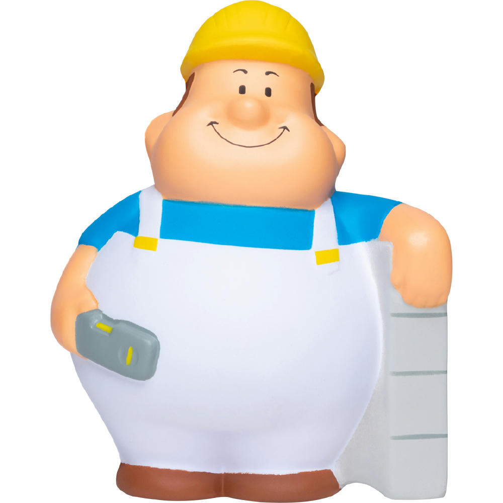 Product image Maurer Bert mit gelbem Helm, Kelle und Mauerstück – Anti-Stress-Figur mit Logo für Bauunternehmen