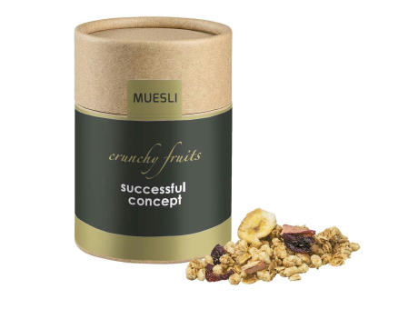 Müsli Knusper Früchte, ca. 50g, Kraftpapierdose Midi Werbeartikel