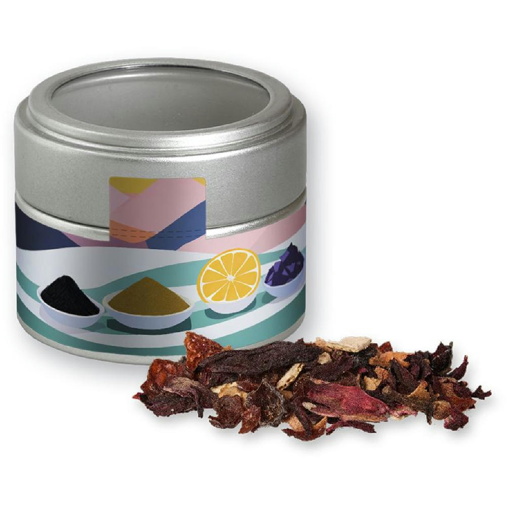 Product image Weihnachts Früchtetee, ca. 30g, Metalldose Mini mit Sichtfenster silber Werbeartikel