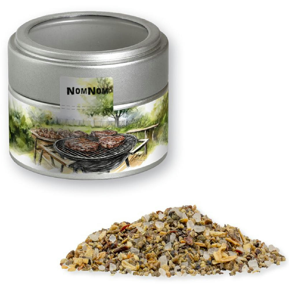 Product image Gewürzmischung Kräuter-Steakgewürz, ca. 35g, Metalldose Mini mit Sichtfenster silber Werbeartikel