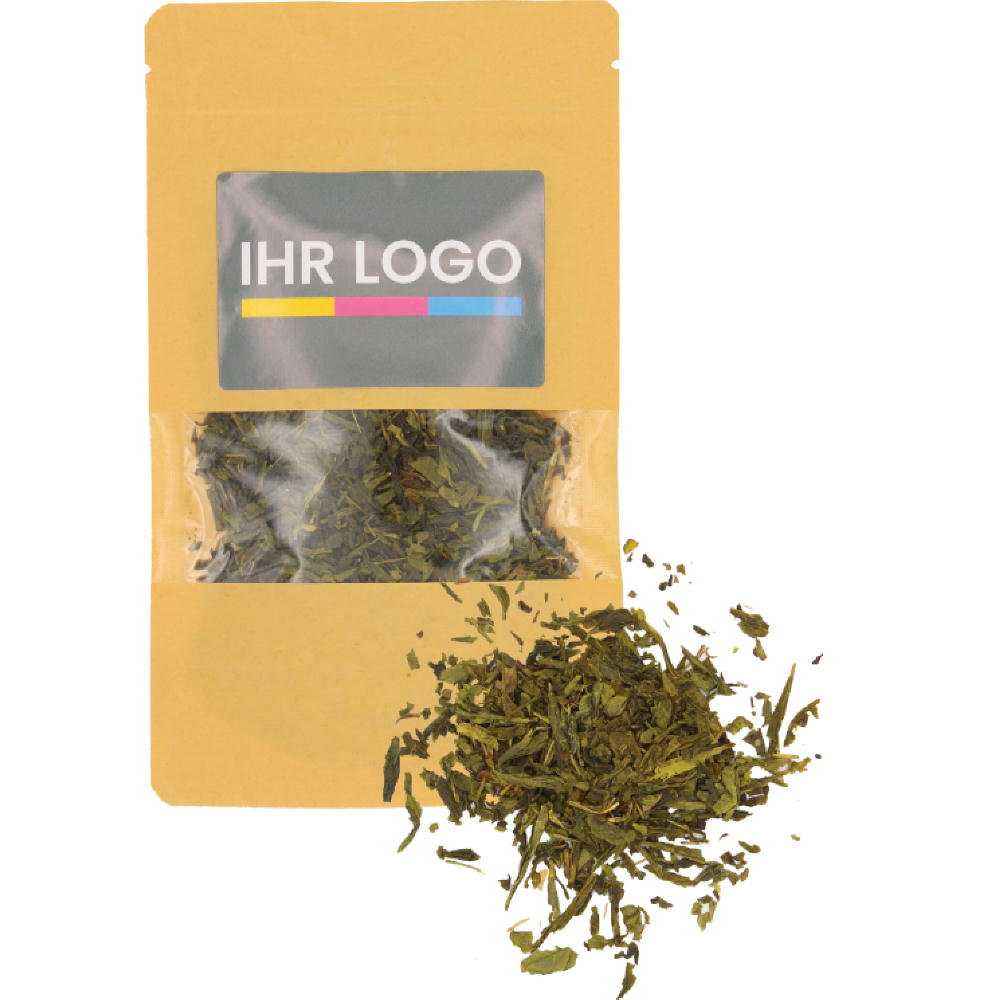 Grüner Tee verpackt im Doypack Beutel groß Natur Werbeartikel
