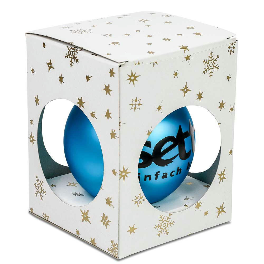 Product image Weißer Einzelkarton mit goldenen Sternen, darin blaue Glaskugel mit Beispiel-Logo – Weihnachtskugel mit Logo
