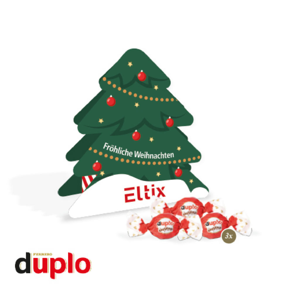Product image Präsent Tannenbaum in Christbaum-Form individuell bedruckt mit Firmenlogo, gefüllt mit 3 Stück duplo Knusperlen